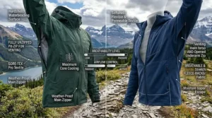 A side-by-side comparison of pit-zip ventilation on a hardshell jacket and torso venting on a softshell jacket.