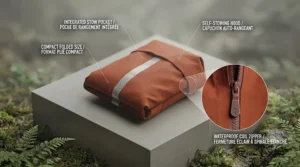 A lightweight, foldable rain suit being packed into a small storage pouch.