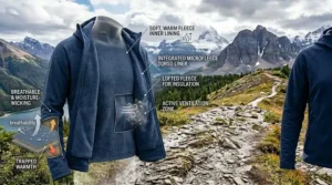 A cross-section of a softshell jacket highlighting the integrated microfleece liner and moisture-wicking internal structure.
