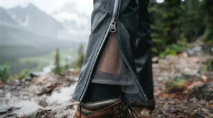 Démonstration d'enfilage d'un pantalon de pluie avec fermetures éclair latérales complètes par-dessus des bottes | Demonstration of putting on rain pants with full side zips over hiking boots