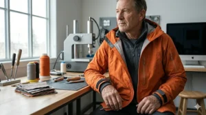 Hardshell rain jacket worn over a mid-layer, showcasing an athletic, articulated fit.