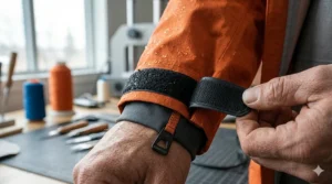 Velcro wrist cuff adjustments on a hardshell jacket for snow and rain protection.