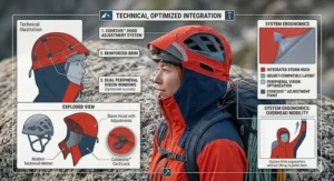 Front illustration of a 3 layer rain jacket for mountaineering showing high chest pockets accessible while wearing a climbing harness.