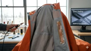 Adjustable, helmet-compatible storm hood on a professional hardshell.