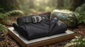 Hiker adjusting the adjustable waistband of their breathable waterproof pants.