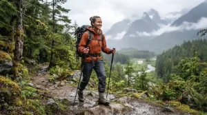 Hiker wearing waterproof rain pants on a rainy trail | Randonneur portant des pantalons de pluie imperméables sur un sentier pluvieux