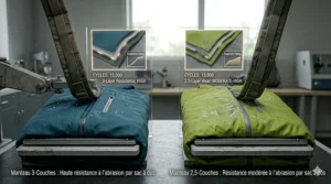 Illustration showing how a heavy multi-day hiking pack causes friction on a 3-layer vs 2.5-layer rain jacket shell.