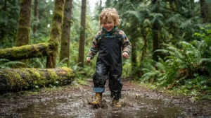 A child playing outside wearing durable rain pants over their clothes on a wet day.