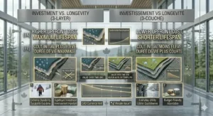Cost-per-wear infographic detailing the price and lifespan investment of buying a 3-layer versus 2.5-layer rain jacket in Canada.
