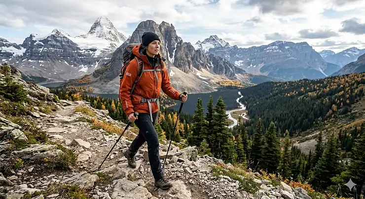 Two hikers wearing waterproof 3 layer hardshell jackets trek through a rocky alpine mountain pass in Banff National Park, Alberta, Canada.