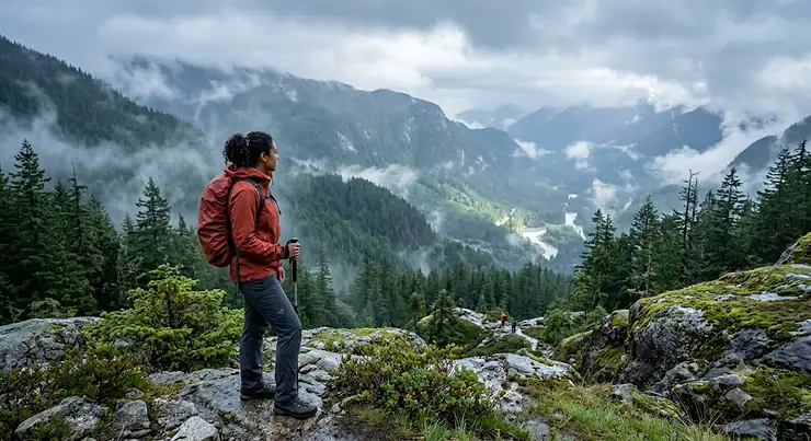 A man hiking through the misty mountains of British Columbia wearing a durable mens hardshell rain jacket.