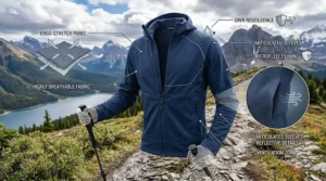 An ergonomic softshell jacket showing ventilation zones, stretch panels, and microfleece lining for active movement.