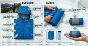 Illustration of a lightweight, packable 2.5 layer jacket for hiking compressed into a small pouch, perfect for backcountry camping in Algonquin Park.