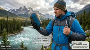 A lightweight 2.5-layer jacket packed down to the size of a water bottle, demonstrating its pros for backpacking in Canada.