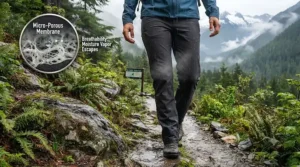 Person walking through a rainy forest wearing black breathable waterproof pants.