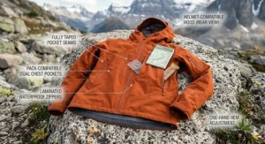 Diagram showcasing underarm pit zips for ventilation on a premium 3 layer hardshell jacket designed for mountaineering and hiking.