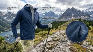 A close-up illustration of a flexible, breathable softshell jacket fabric highlighting stretch and moisture-wicking properties.