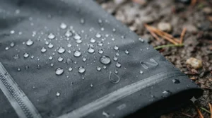 Vue détaillée des coutures scellées sur un pantalon de pluie imperméable | Detail view of fully seam-sealed construction on waterproof pants