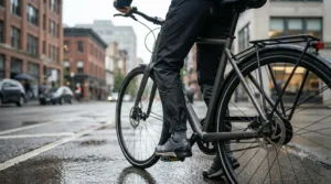 A city commuter wearing protective rain pants over business attire while cycling in the rain.
