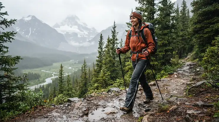 Person hiking in the Rockies wearing waterproof rain pants with full side zips | Randonneur dans les Rocheuses portant un pantalon de pluie avec fermetures éclair latérales complètes