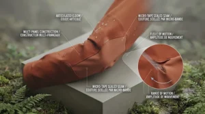 Technical drawing showing articulated elbows for mobility in a rain suit.