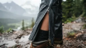 Gros plan sur un pantalon de pluie avec fermetures éclair latérales complètes partiellement ouvertes | Close-up of durable rain pants with full side zips partially open