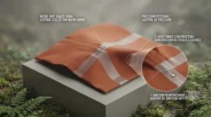 Detail view of heat-sealed taped seams on a rain suit for maximum water protection.