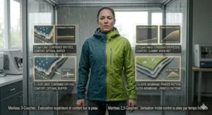 Graphic illustrating skin comfort and the interior feel of a 3-layer vs 2.5-layer rain jacket during humid spring downpours.