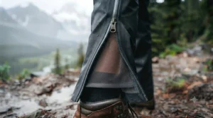 Détail de la texture du matériau imperméable de haute qualité du pantalon de pluie | Texture detail of high-quality waterproof material on rain pants