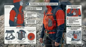 Illustration highlighting the underarm pit zips of a 3 layer rain jacket for mountaineering to allow mechanical venting during steep ascents.