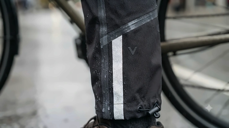 Cyclist wearing waterproof cycling pants while riding a bike in the rain on a city street. waterproof pants for cycling