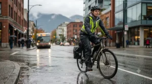 Mountain biker wearing waterproof pants while riding on a muddy forest trail.