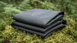 Water beading off professional waterproof rain pants | Perles d'eau sur des pantalons de pluie imperméables professionnels