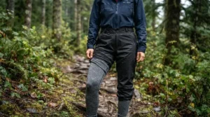 Diagram showing how to layer rain pants over everyday jeans or thermal pants.
