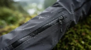 Side view of sealed waterproof zippers on rain pants | Vue latérale des fermetures éclair étanches sur les pantalons de pluie