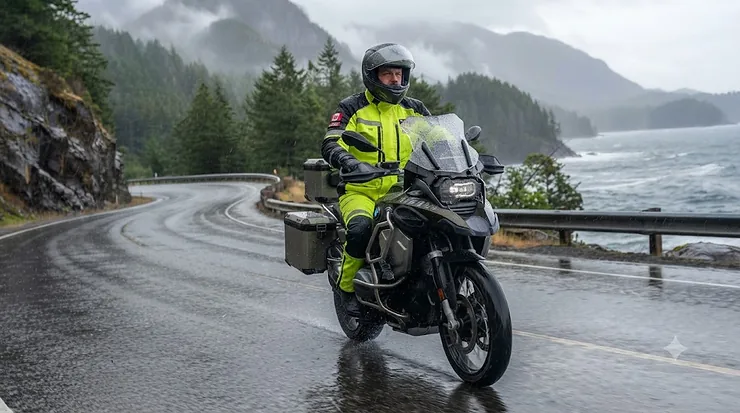 High-visibility motorcycle rain suit for wet Canadian highway riding.