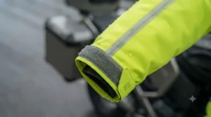 Reflective piping on motorcycle rain gear for night visibility.