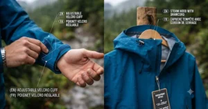 Graphic showing adjustable Velcro cuffs and storm hood on a value rain jacket under $100 to block Canadian winds.
