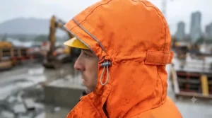 Side view of a worker’s adjustable hood on a heavy duty rain suit for full weather protection.
