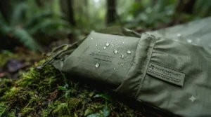A camper wearing a wind-resistant ripstop rain poncho over heavy layers to block chilly spring winds and wet weather.