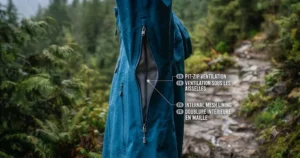 Diagram highlighting pit zips and mesh lining on a affordable Canadian rain jacket under $100.