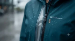 Close-up of technical waterproof seams on a rain jacket built for Vancouver weather.