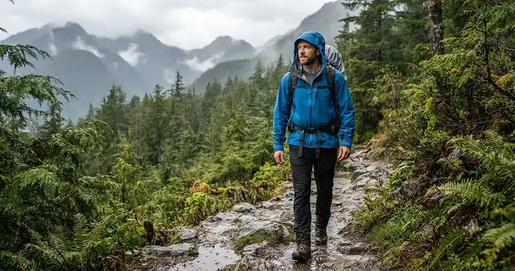Man wearing a budget rain jacket under $100 while hiking on a rainy trail in British Columbia, Canada.