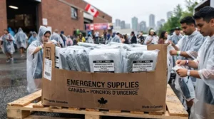Palletized carton of Canadian-branded emergency rain ponchos in clear packaging, ready for wholesale distribution from a Vancouver warehouse.