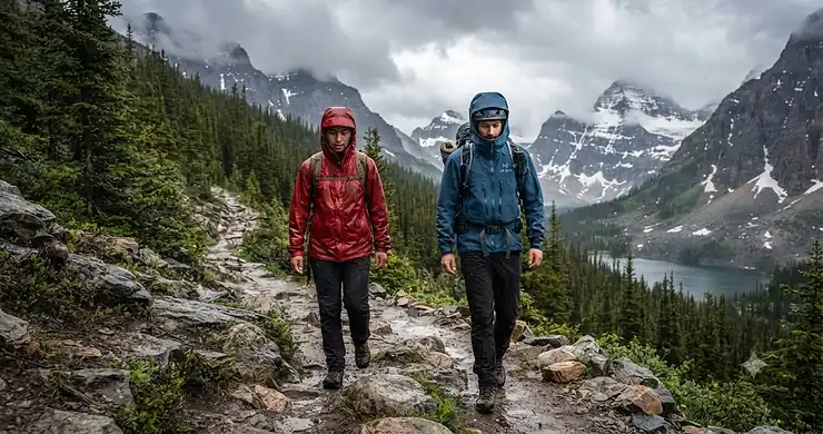 Side-by-side comparison of a budget and premium rain jacket on a Canadian hiking trail, evaluating if cheap vs expensive rain jackets are worth it.