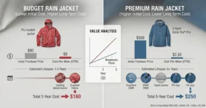 A value chart mapping out lifespan and cost-per-wear metrics to answer whether a cheap vs expensive rain jacket is ultimately worth the money.