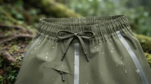 Comfortable elastic waist design on waterproof rain pants for men.