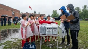 Event staff distributing clear disposable emergency rain ponchos from a bilingual branded carton to attendees at an outdoor Canadian venue.
