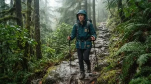 Explorer wearing a high-performance rain jacket on a rainy North Shore mountain trail.