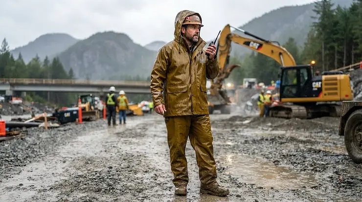 Heavy-duty PVC rain suit for harsh Canadian weather. PVC rain suit heavy duty